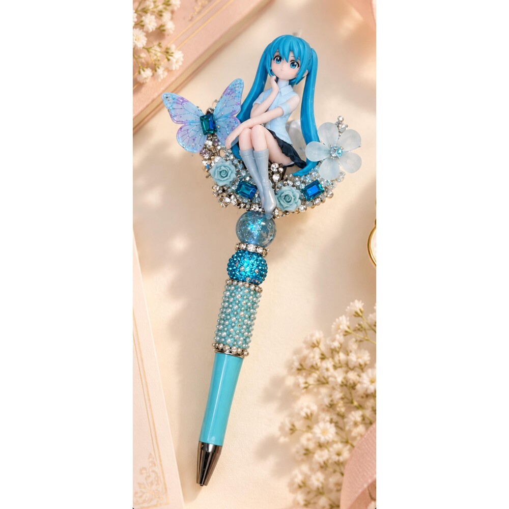 Blue Twin-Tail Anime Doll Pen, Turquoise Rhinestone Beaded Pen